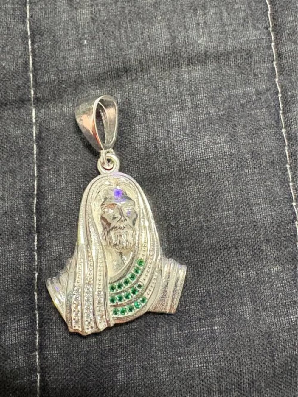 925 Sterling Silver Jesus Pendant with Green and Clear Stones